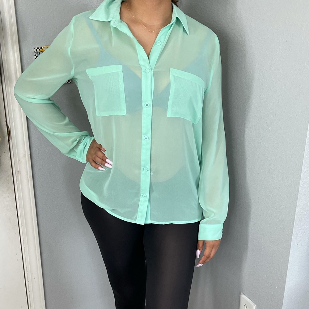 Longlseeve Forever21 Mint Chiffon Top